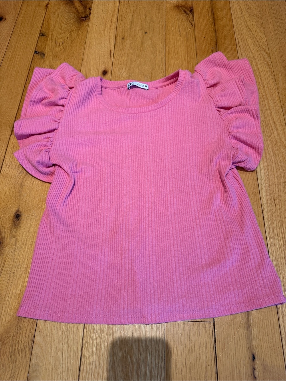Zara Pink Ribbed Top with Ruffle Sleeves Size Large - C51-045